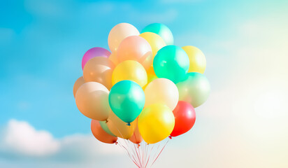 many colorful balloons hanging over a cloudy sky, pastel colors. Generative Ai Illustration.