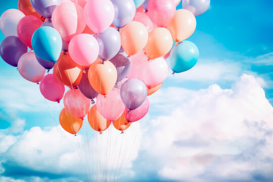 many colorful balloons hanging over a cloudy sky, pastel colors. Generative Ai Illustration.