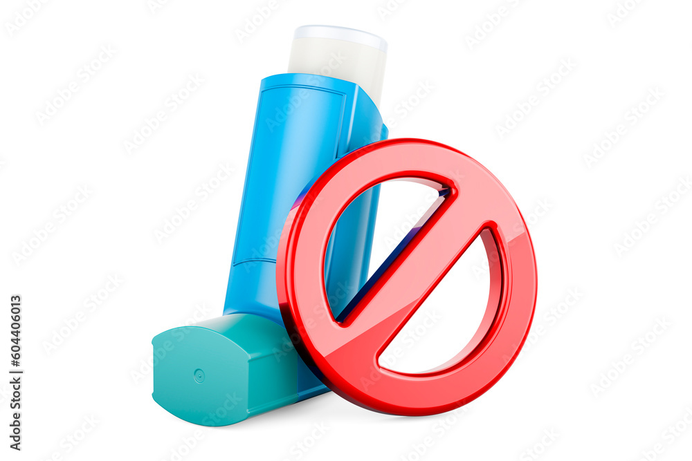 Poster metered-dose inhaler, mdi with forbidden symbol. 3d rendering