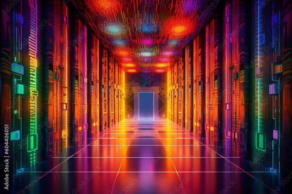 Poster futuristic representation of a database server, with vibrant colors and abstract geometric patterns.