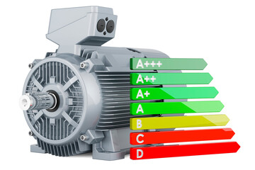 Industrial electric motor with energy efficiency chart, 3D rendering