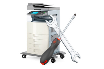 Office multifunction printer MFP with screwdriver and wrench. 3D rendering