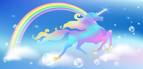 Unicorn with luxurious winding mane with bubbles against the background of the fantasy universe with sparkling stars, clouds and rainbow. Galloping iridescent unicorn.