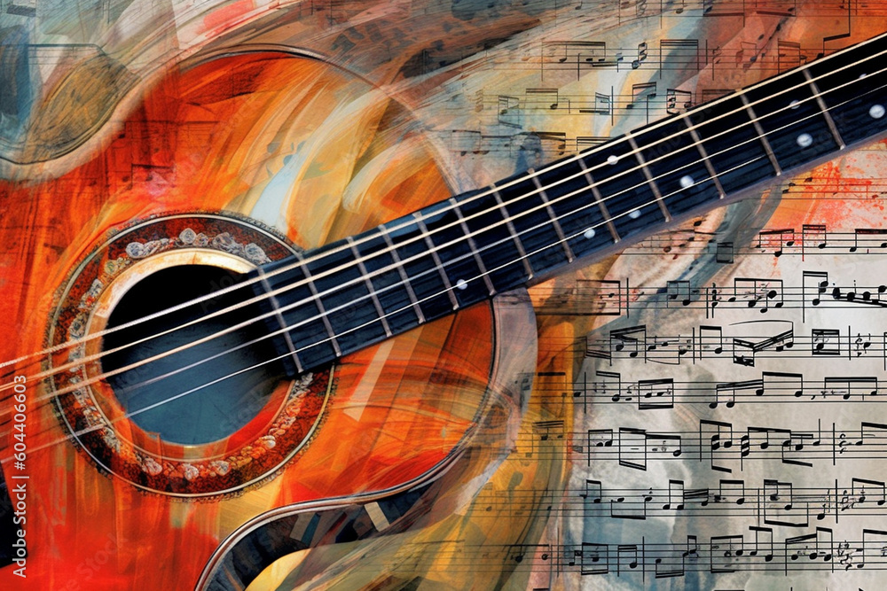 Aufkleber  An abstract mixed media artwork combining musical elements and textures, such as sheet music, guitar strings Generative AI technology.