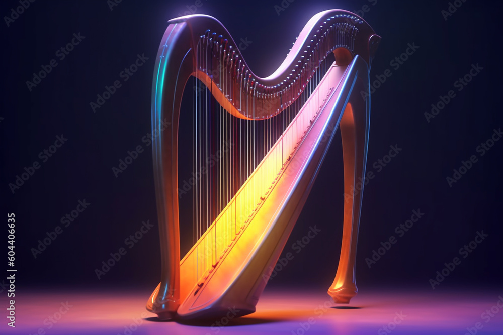 Poster a digital illustration of a harp, with ethereal colors and delicate lines, symbolizing the angelic a