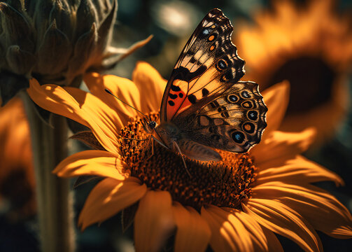 a close up of a butterfly on a sunflower