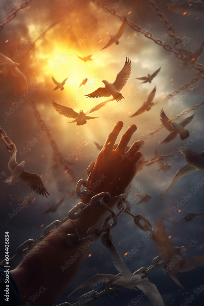 Aufkleber an illustration of a human hand breaking free from chains, accompanied by rays of light and soaring 