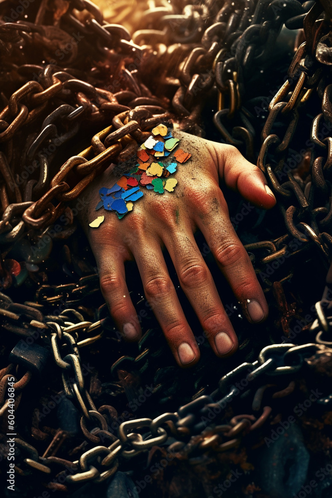 Poster a mixed media artwork combining photography and digital manipulation, showing a person's hand emergi