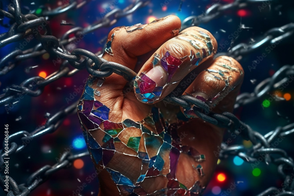 Poster a conceptual photograph of a human hand with chains wrapped around it, placed against a backdrop of 