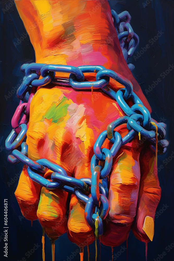 Poster an abstract painting of a human hand with chains intertwined around it, using vibrant colors generat