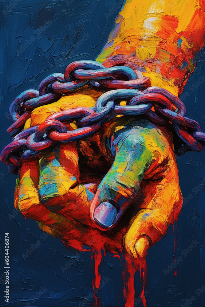 Fototapete  An abstract painting of a human hand with chains intertwined around it, using vibrant colors Generative AI technology.