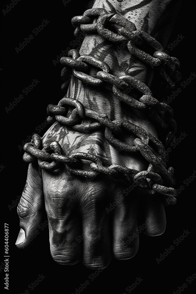 Poster a black and white photograph of a person's hands clenched tightly in chains, emphasizing the physica