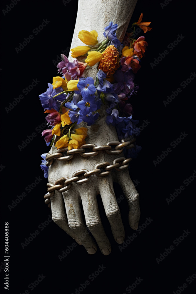 Poster a conceptual photograph featuring a human hand bound in chains, with delicate flowers growing throug