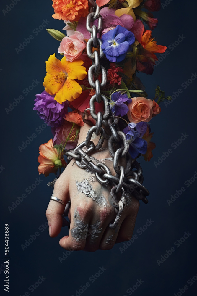 Poster a conceptual photograph featuring a human hand bound in chains, with delicate flowers growing throug
