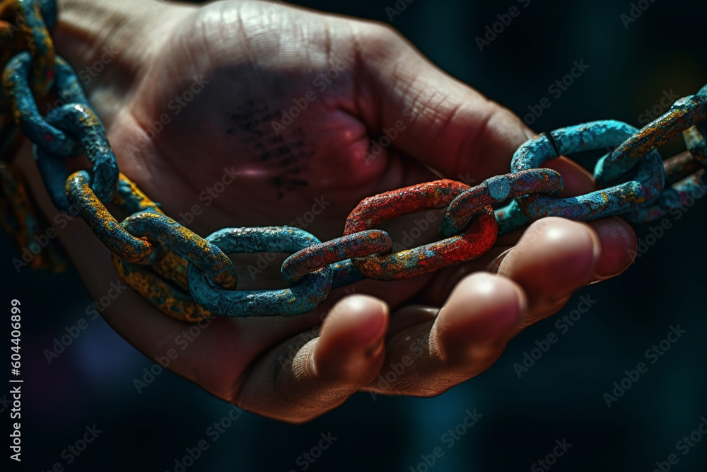 Poster a close-up photograph of a person's hand holding a broken chain, symbolizing the liberation from pas