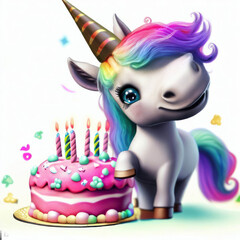 Happy unicorn with a birthday cake white unicorn, generative AI