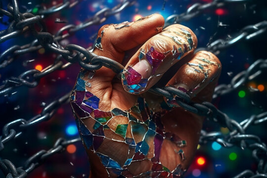  A conceptual photograph of a human hand with chains wrapped around it, placed against a backdrop of shattered glass,  Generative AI technology.