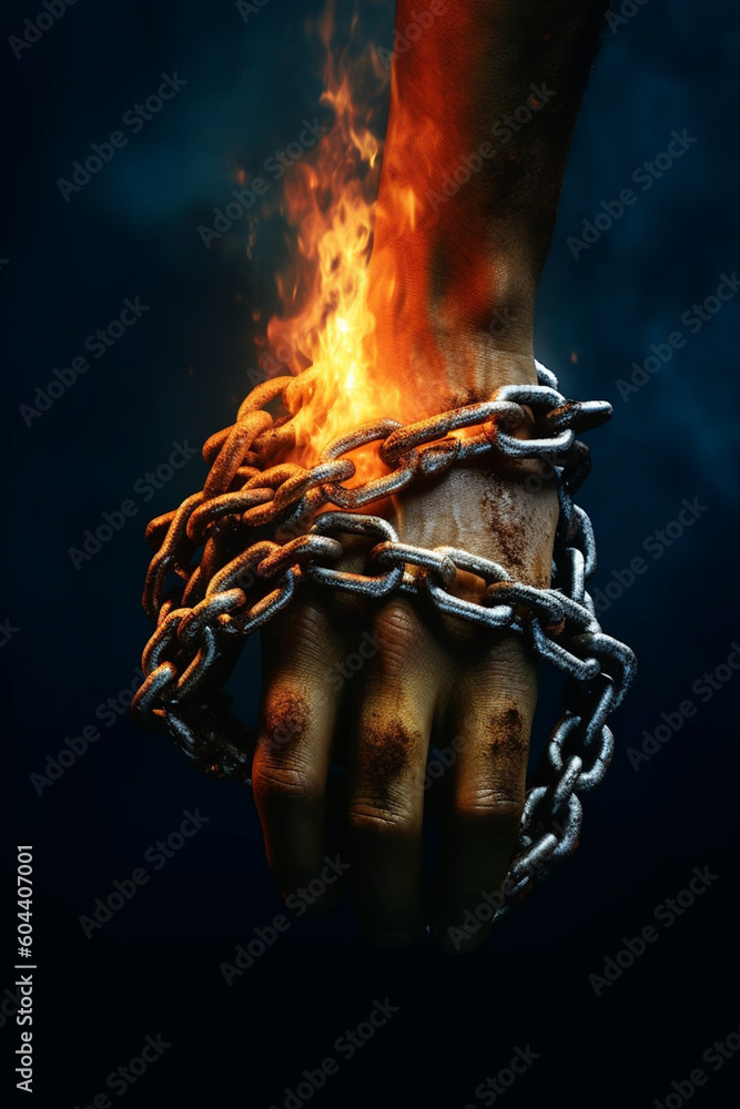 Aufkleber  hands tied together with chains, but with one hand holding a burning torch, symbolizing the resilience and determination to overcome obstacles.  Generative AI technology.