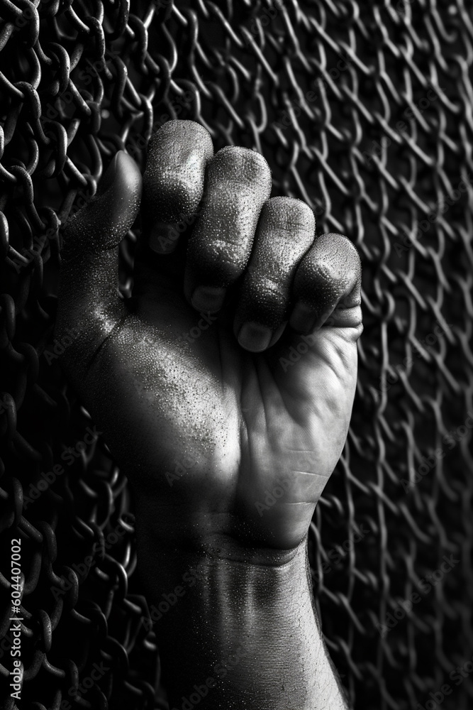 Poster a black and white photograph of a person's hand reaching out from behind a lattice of chains, genera