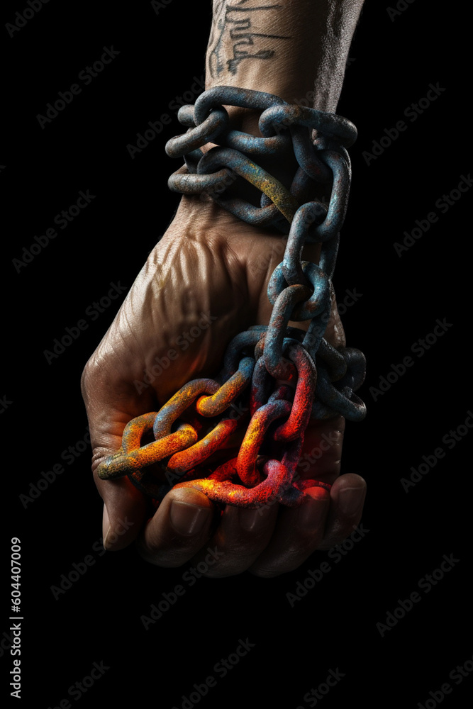 Poster  hands tied together with chains, but with one hand holding a burning torch, symbolizing the resilience and determination to overcome obstacles.  Generative AI technology.