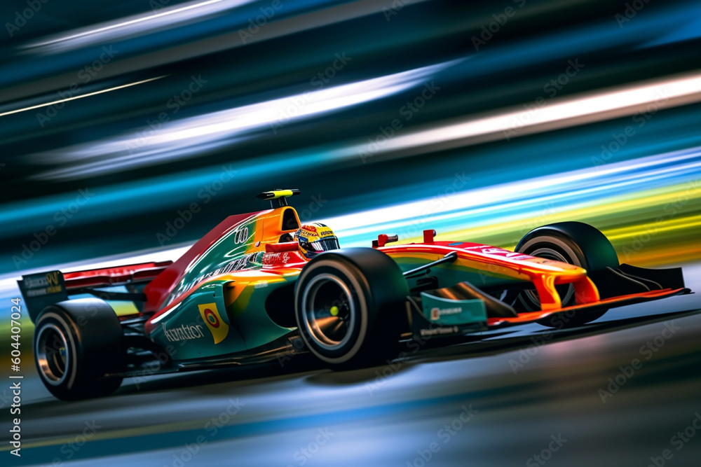 Aufkleber a dynamic photograph capturing the side view of a racing car speeding down a track, with blurred mot