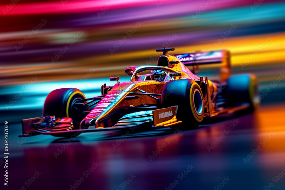 Aufkleber  A dynamic photograph capturing the side view of a racing car speeding down a track, with blurred motion and intense energy.  Generative AI technology.