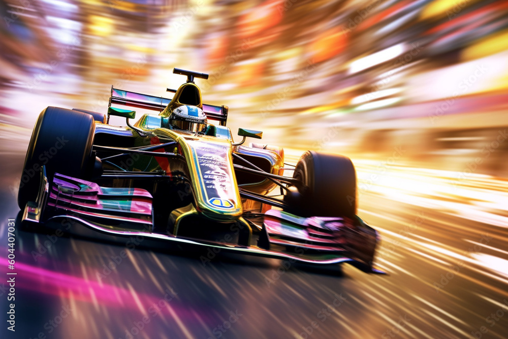 Poster an action-packed digital artwork showcasing a racing driver in a sleek sports car, surrounded by vib