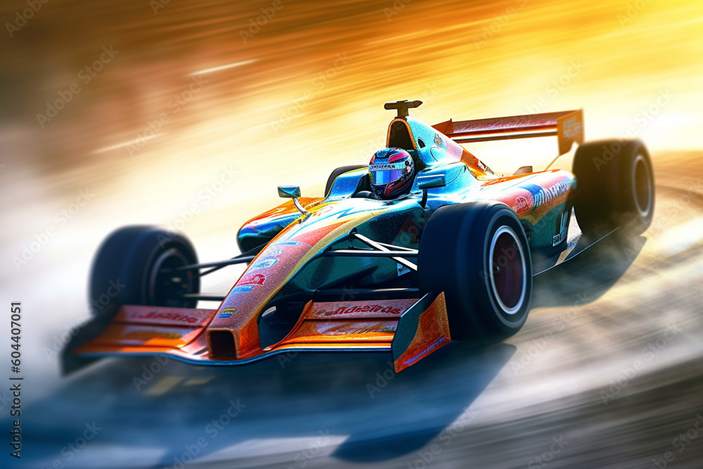 Poster  A high-speed photograph capturing a racing car cornering on a track, with smoke and tire marks adding to the sense of speed and intensity.  Generative AI technology.
