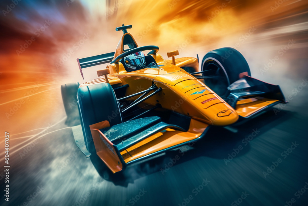 Poster  A high-speed photograph capturing a racing car cornering on a track, with smoke and tire marks adding to the sense of speed and intensity.  Generative AI technology.