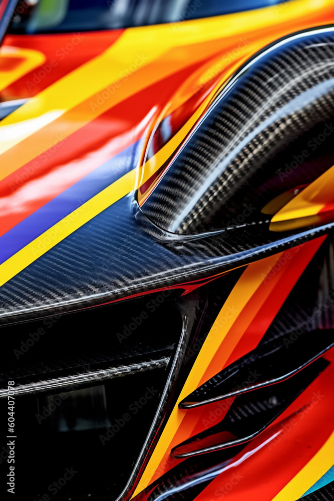 Poster  A close-up photograph of a racing car's front grille, showcasing the intricate design and aerodynamic features that enhance its speed and performance.  Generative AI technology.