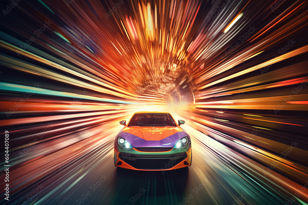 Poster  A dynamic illustration of a racing car speeding through a tunnel, with motion lines and bursts of color, Generative AI technology.