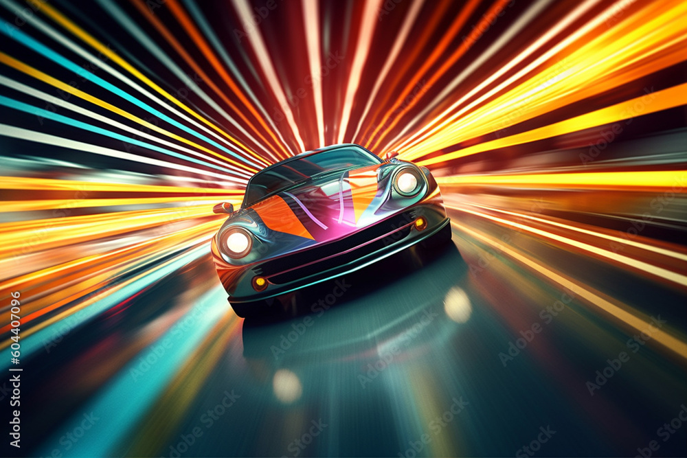 Poster a dynamic illustration of a racing car speeding through a tunnel, with motion lines and bursts of co