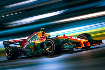 Obraz na płótnie Canvas A dynamic photograph capturing the side view of a racing car speeding down a track, with blurred motion and intense energy. Generative AI technology.