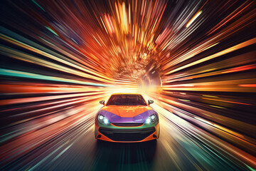 Fototapeta na wymiar A dynamic illustration of a racing car speeding through a tunnel, with motion lines and bursts of color, Generative AI technology.
