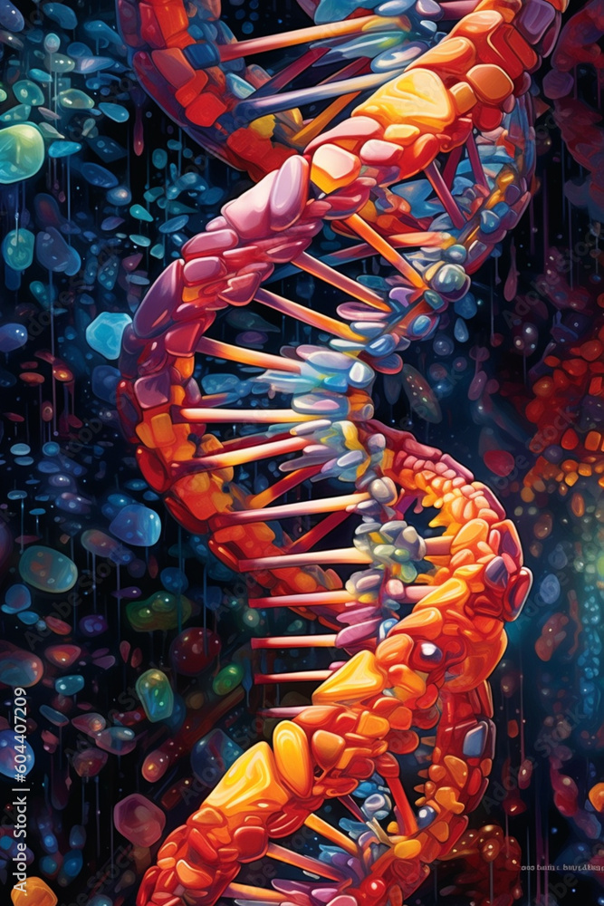 Poster an abstract painting featuring swirling patterns and vibrant colors resembling a dna molecule, repre