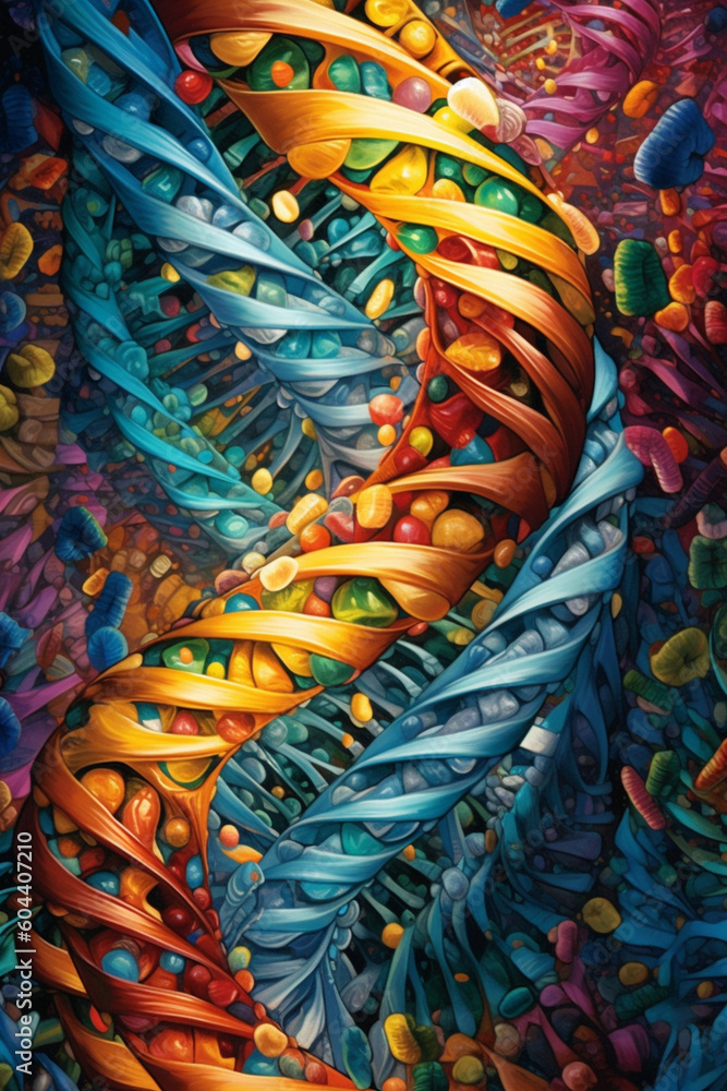 Poster An abstract painting featuring swirling patterns and vibrant colors resembling a DNA molecule, representing the beauty and complexity of genetic information.  Generative AI technology.