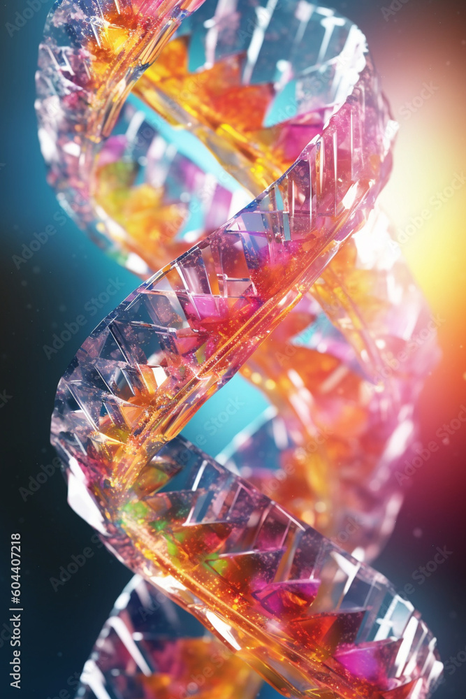 Poster  An artistic representation of a DNA helix composed of delicate glass strands, emphasizing the fragility and interconnectedness of life's building blocks.  Generative AI technology.