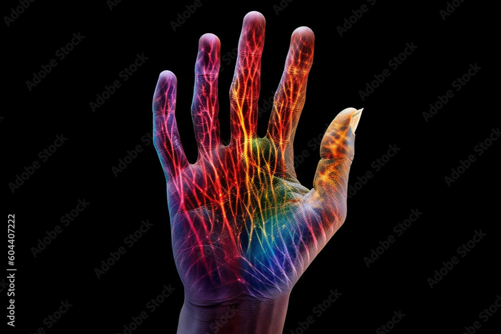 Poster a digital artwork featuring a handprint filled with dna strands, suggesting the unique genetic makeu