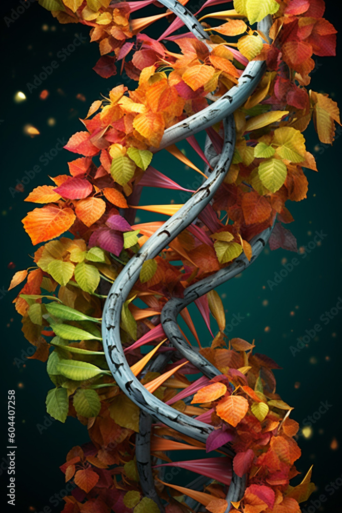 Aufkleber An artistic representation of a DNA molecule made of intertwined branches and leaves, symbolizing the interconnectedness  Generative AI technology.
