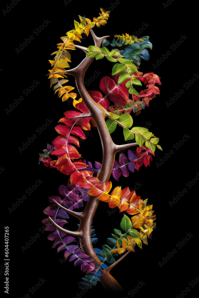 Poster An artistic representation of a DNA molecule made of intertwined branches and leaves, symbolizing the interconnectedness  Generative AI technology.