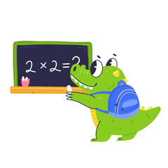 Cute character crocodile schoolboy writes on the blackboard. Cartoon flat baby crocodile with backpack. Elementary school vector illustration.