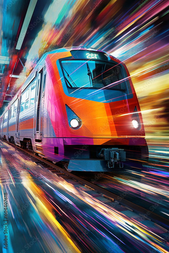 Poster  An abstract representation of a train in motion, using geometric shapes and vibrant colors to convey its energy and speed.  Generative AI technology.