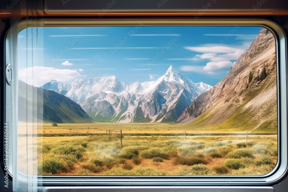 Poster  A close-up photograph of a train window, capturing the reflection of passing landscapes, creating a juxtaposition between the interior and exterior worlds.  Generative AI technology.