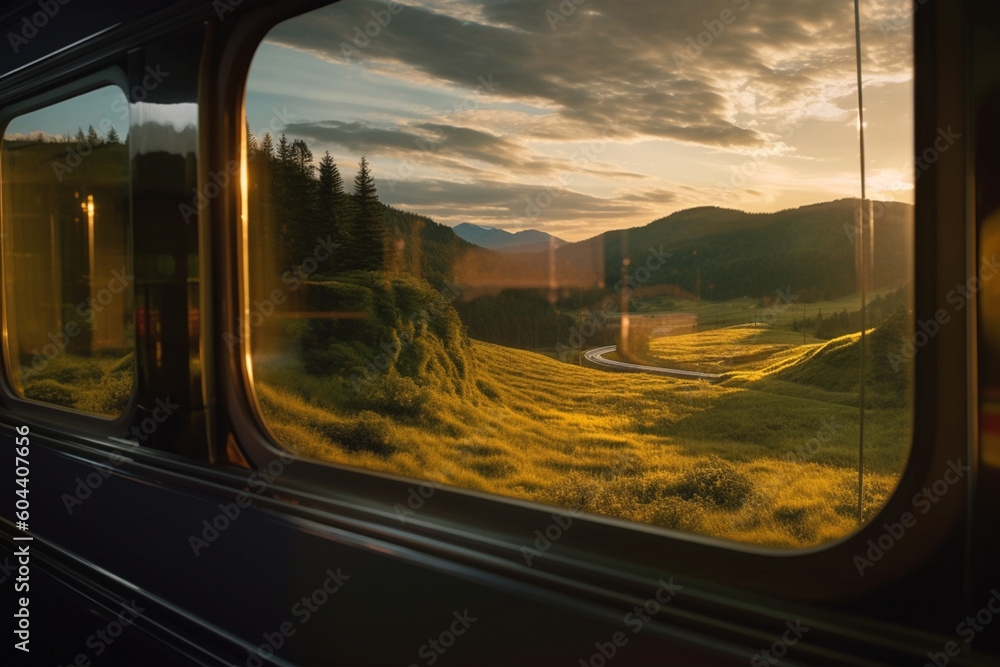 Poster a close-up photograph of a train window, capturing the reflection of passing landscapes, creating a 