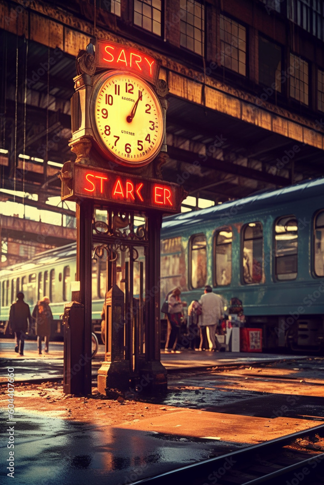 Aufkleber A photograph of a vintage train station signboard, showcasing classic typography and adding a nostalgic touch to the image.  Generative AI technology.