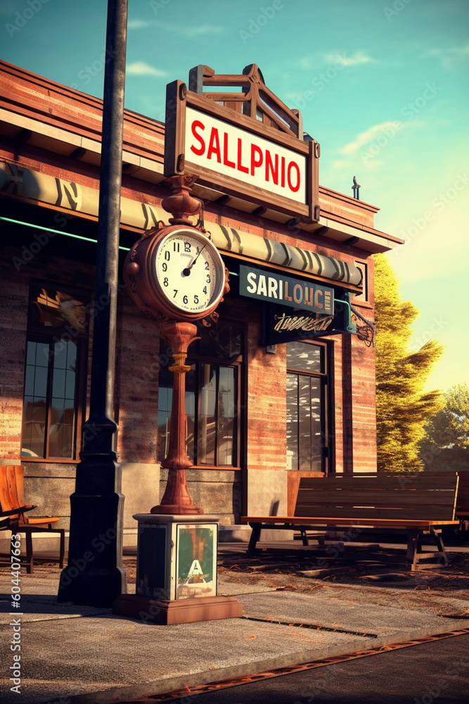 Poster A photograph of a vintage train station signboard, showcasing classic typography and adding a nostalgic touch to the image.  Generative AI technology.