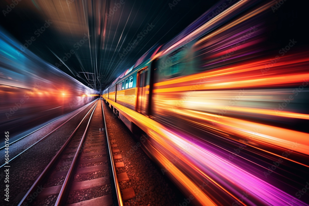 Aufkleber  A time-lapse photograph capturing the movement of a train at night, with streaks of light tracing its path and creating a sense of dynamism.  Generative AI technology.