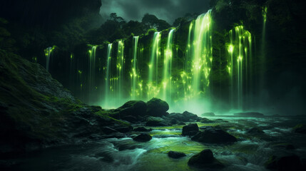 Fototapety  A waterfall glowing in neon green