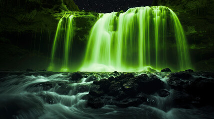 A waterfall glowing in neon green