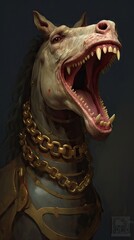 Surreal horse with big teeth and open mouth in medieval armor  Generative AI